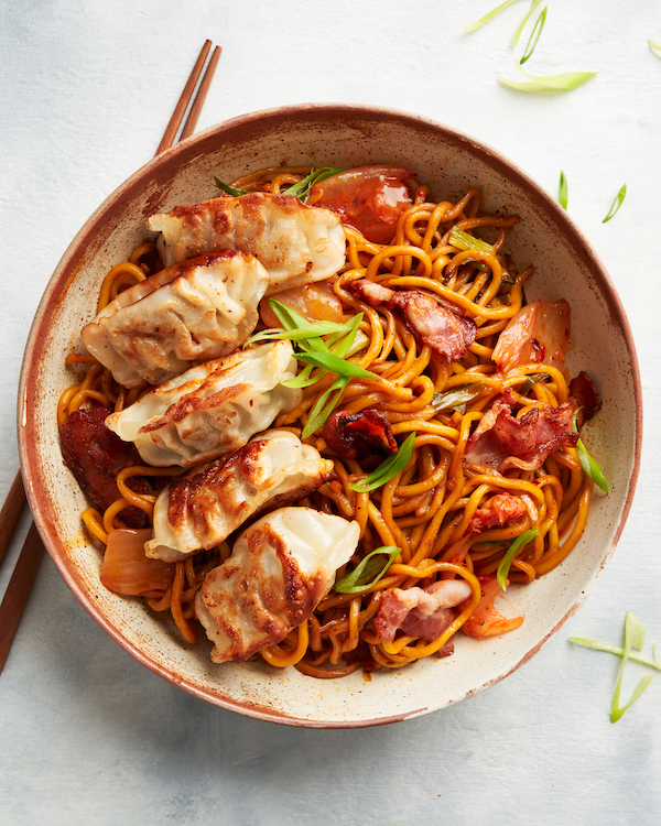 Bacon-fried Dumplings & Kimchi Noodle