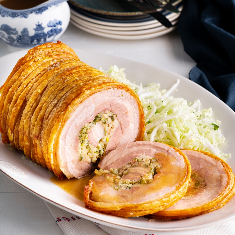 Crispy Crackling Pork With Herb Rice Stuffing