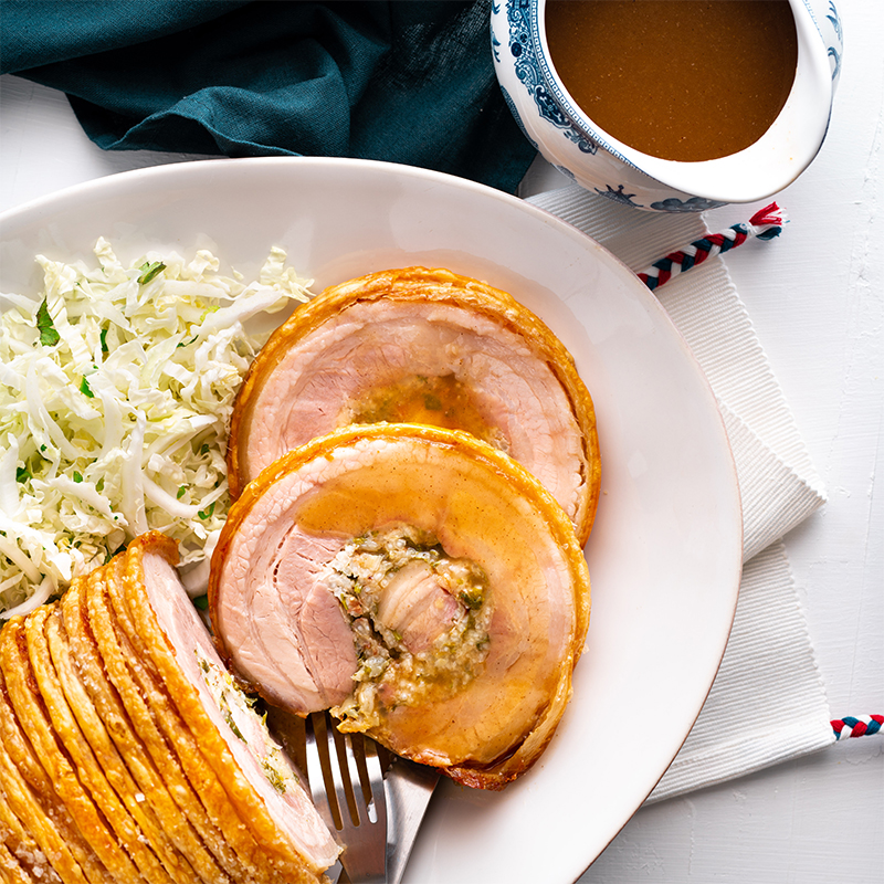 Crispy Crackling Pork With Herb Rice Stuffing