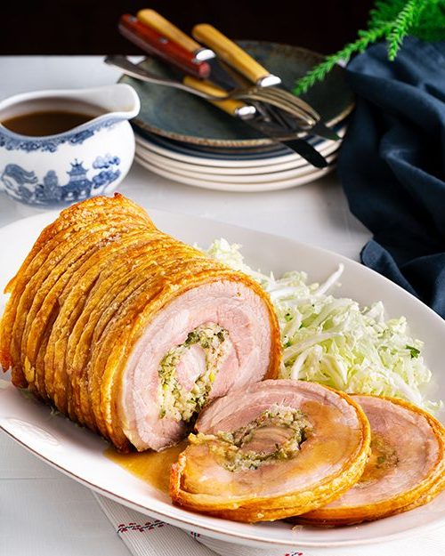 Crispy Crackling Pork With Herb Rice Stuffing