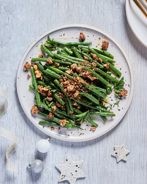 Grilled Green Beans with Gingerbread Nut Crumb