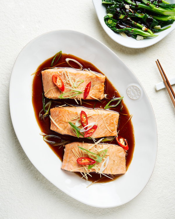 One-Tray Steamed Soy & Ginger Salmon