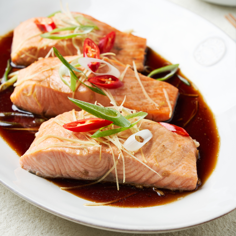 One-Tray Steamed Soy & Ginger Salmon