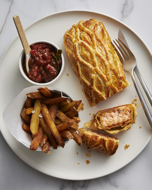 Salmon en Croute with Bacon Plum Jam and Pomme Frites