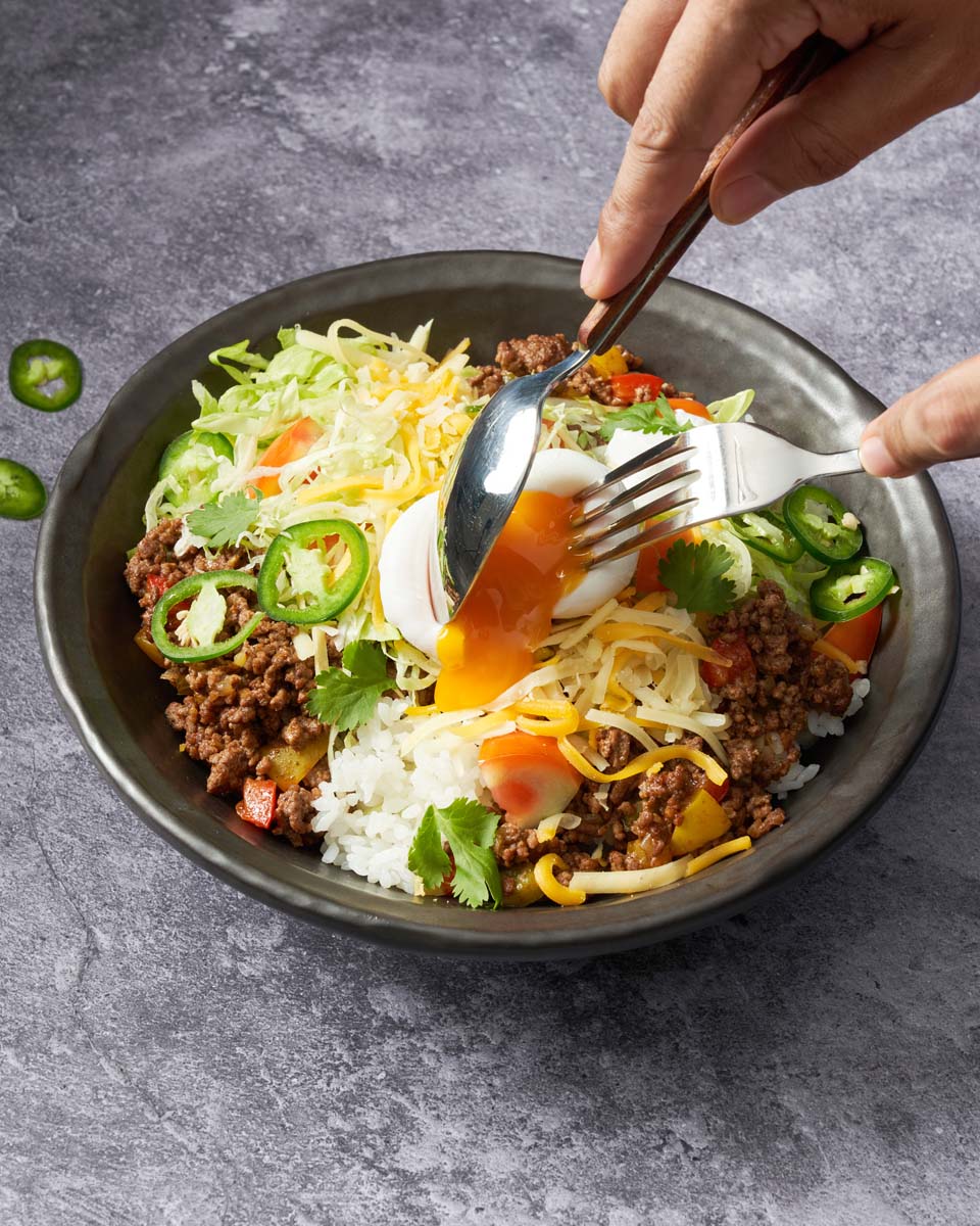 Japanese taco rice, Beef rice bowl, Fusion food, Spicy beef with rice, Poached egg on taco rice