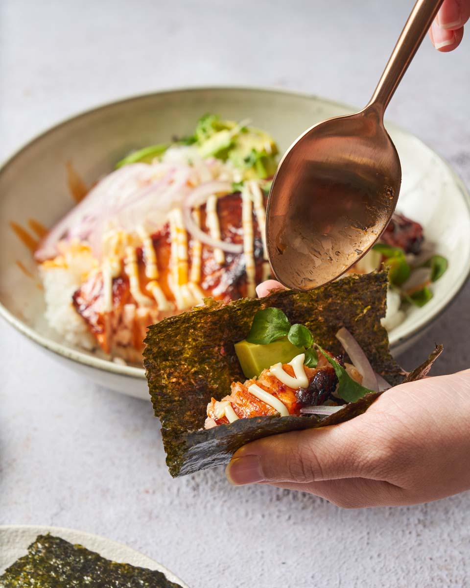 Sushi bowl with salmon, Deconstructed sushi, Salmon sashimi bowl, Healthy sushi bowl, Japanese salmon dish